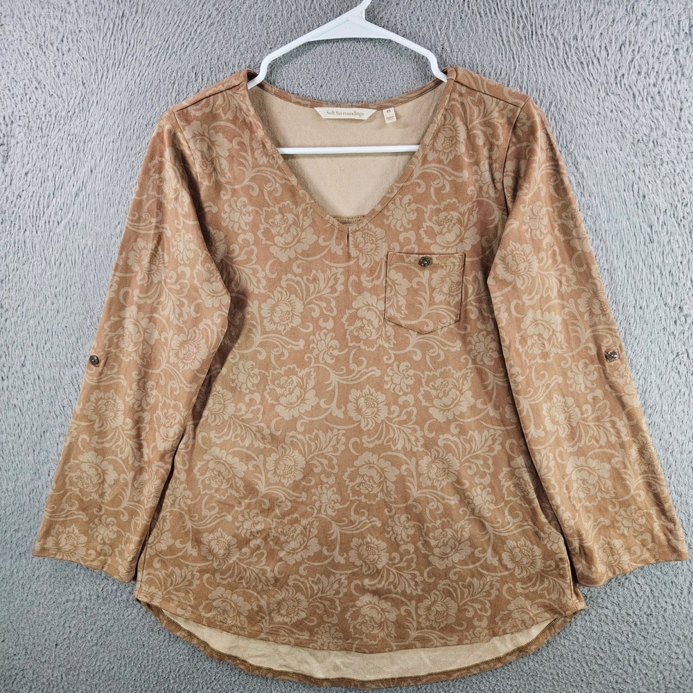 Soft Surroundings XS Tan‎ Floral Faux Suede V-Neck Tab Sleeve Top